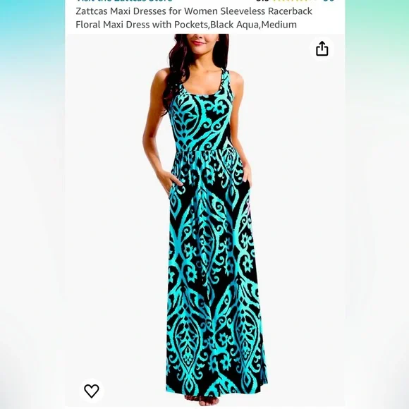 Amazon Dresses Long Black Aqua Teal Print Maxi Dress Go To